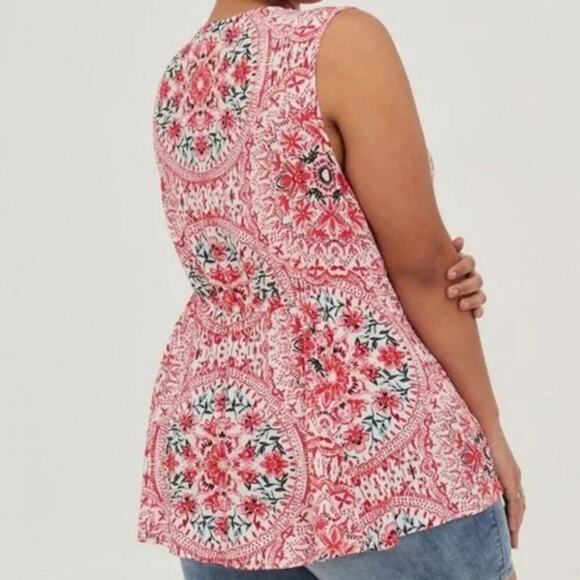 Torrid Crochet Insert Lace Up Sleeveless Boho Babydoll Top Red Floral Sz 5X - Picture 2 of 6